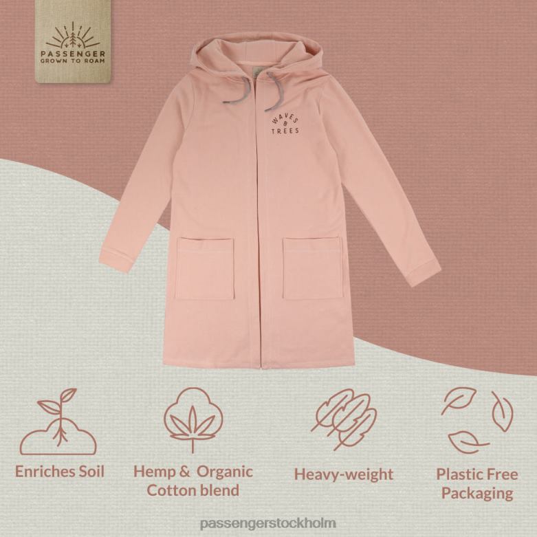 Passenger tändande hampa hoodie med öppen front peachy rosa D422J761 persikorosa